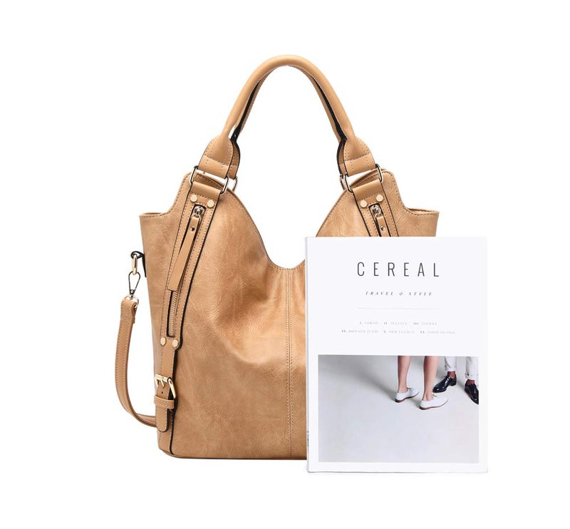 ITSCOSY Women Tote Bag Handbags PU Leather Fashion Hobo Shoulder Bags with Adjustable Shoulder Strap (L, Apricot) - Image 2